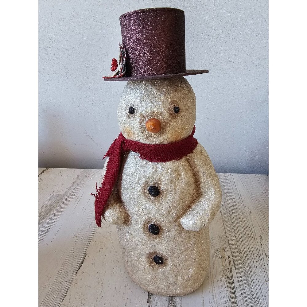 Vintage glitter snowman statue figurine Xmas decor top hat flower scarf‎